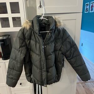 NWT Green Puffer Jacket with Faux Fur Hood